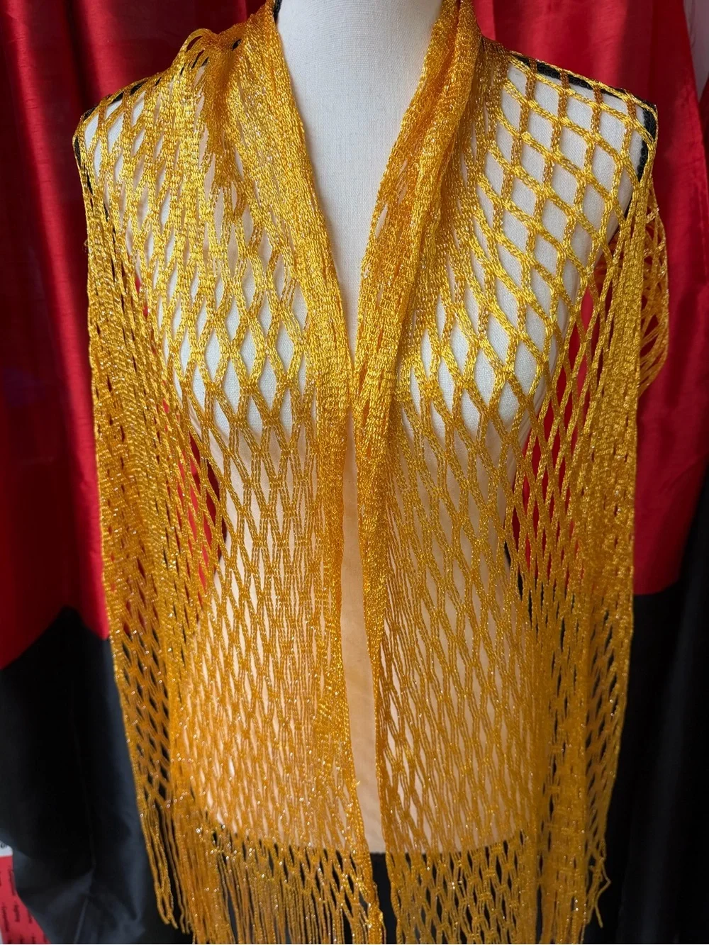 Gold Metallic Open Knit Fringe Shawl